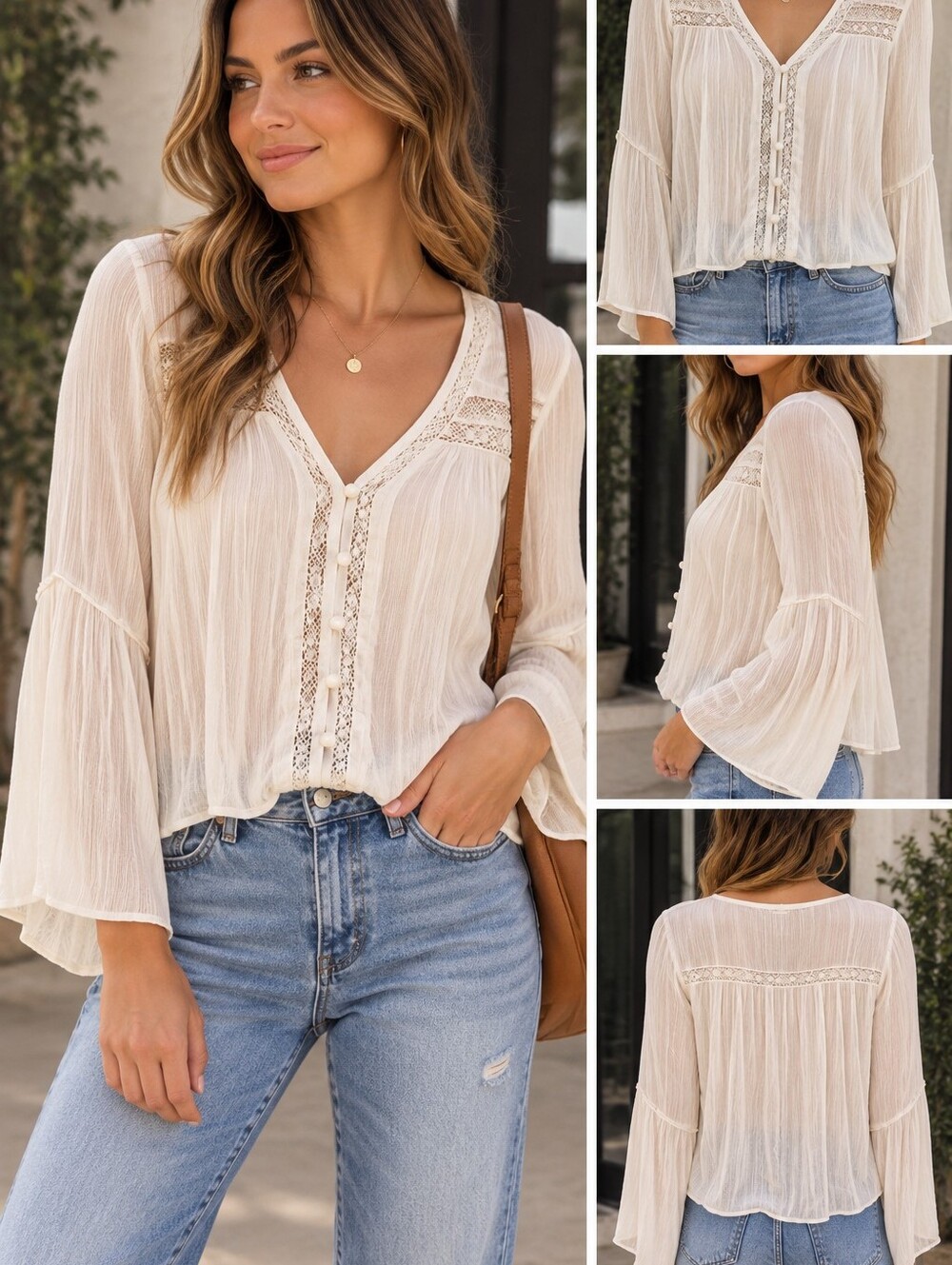 Hollister Women's White Button-Front Lace Trim Blouse